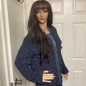 >>>> CHANEL 15P JEWELED
NAVY BLUE METALLIC
CARDIGAN- EU 46 US 12/14 fits like XL